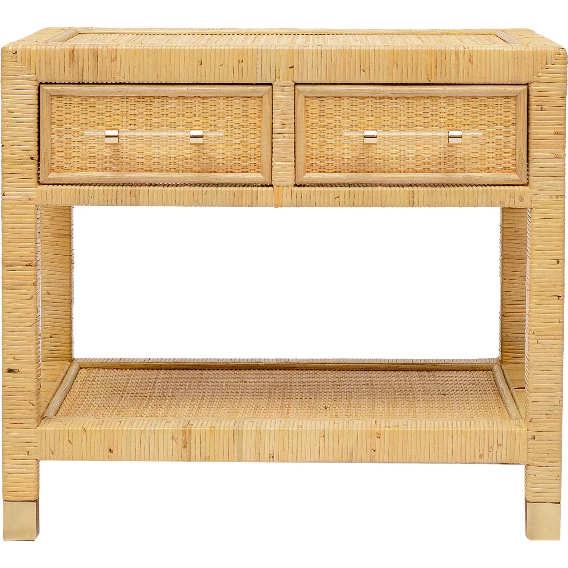 Amara Rattan Nightstand by TOV Furniture in natural. Made from brass, plywood, rattan, wood in a unique style.