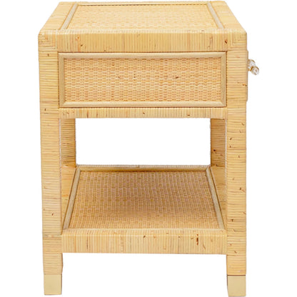 Amara Rattan Nightstand by TOV Furniture in natural. Made from brass, plywood, rattan, wood in a rustic style.