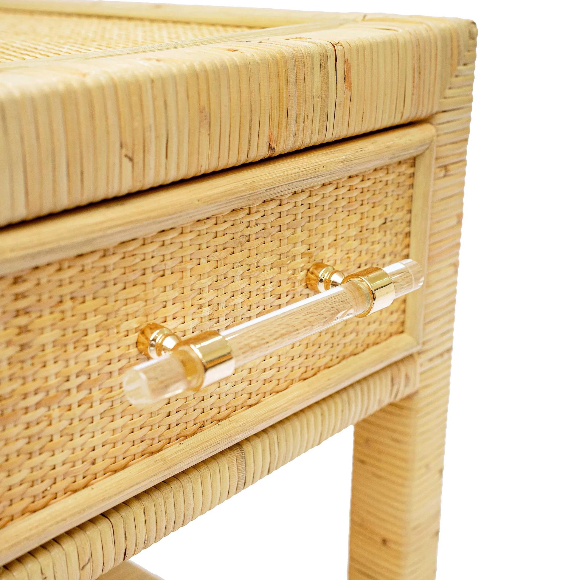 Amara Rattan Nightstand by TOV Furniture in natural. Made from brass, plywood, rattan, wood in a rustic style.