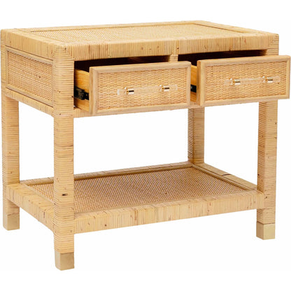 Amara Rattan Nightstand by TOV Furniture in natural. Made from brass, plywood, rattan, wood in a rustic style.