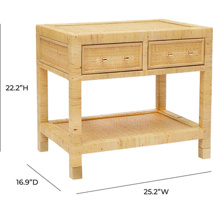 Amara Rattan Nightstand by TOV Furniture in natural. Made from brass, plywood, rattan, wood in a rustic style.