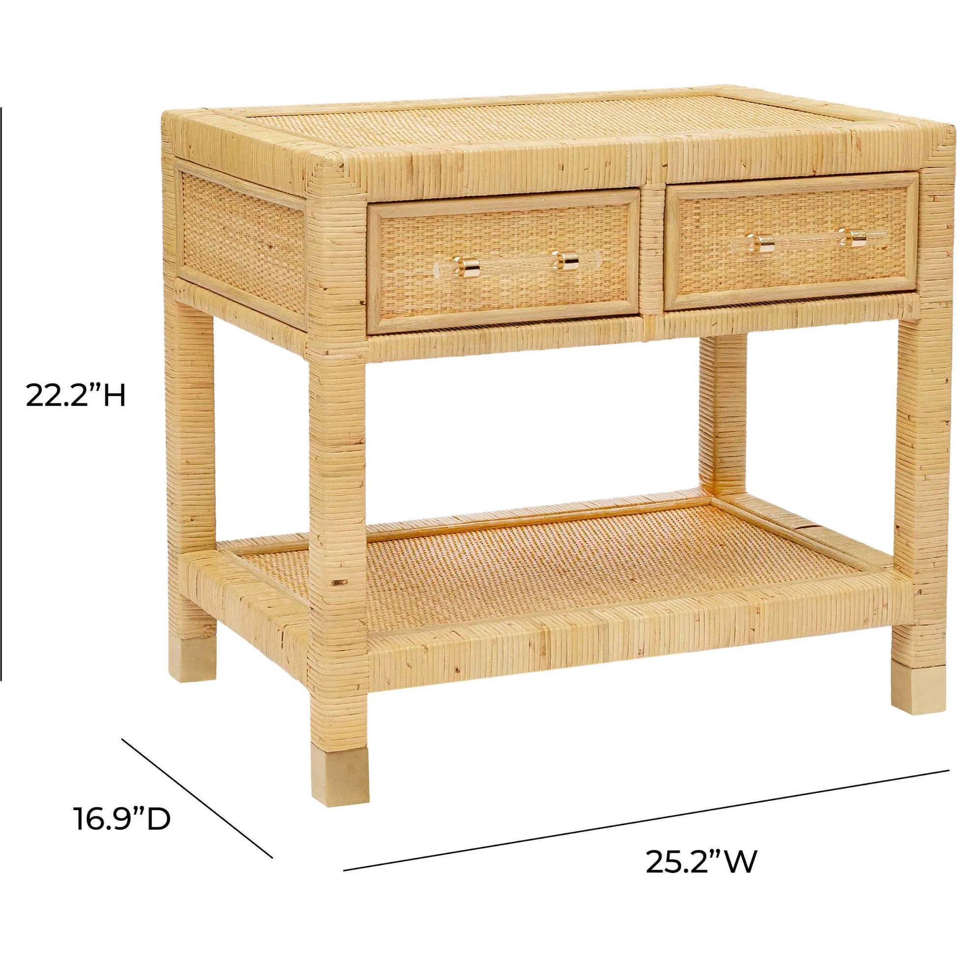 Amara Rattan Nightstand by TOV Furniture in natural. Made from brass, plywood, rattan, wood in a unique style.