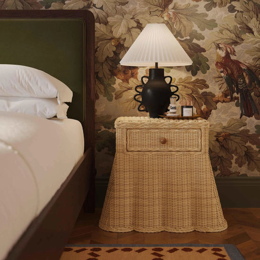 Pentra Rattan Nightstand by TOV Furniture in natural. Made from rattan, wood in a unique style.
