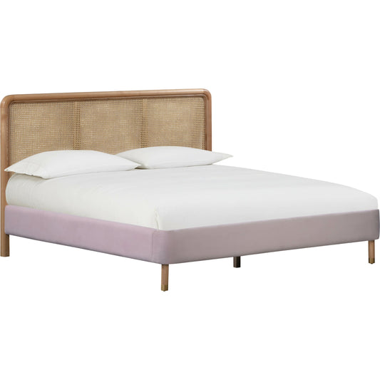 Kavali Bed by TOV Furniture in blush. Made from velvet, ash, cane, plywood in a coastal style.
