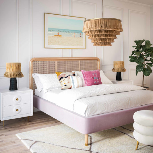 Kavali Bed by TOV Furniture. Made from velvet, ash, cane, plywood in a coastal style.