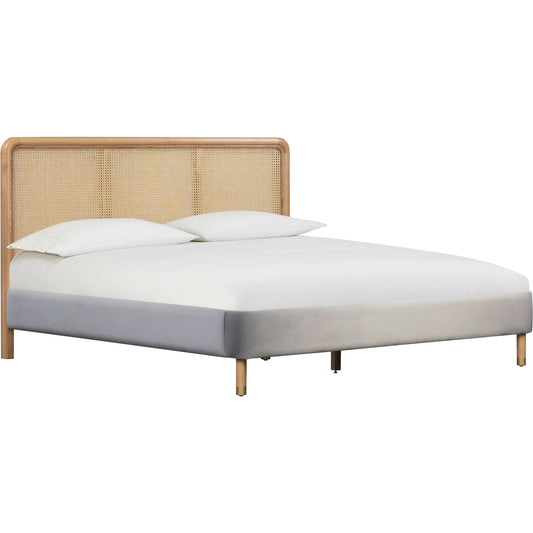 Kavali Velvet Bed by TOV Furniture in grey. Made from velvet, ash, cane, plywood in a coastal style.