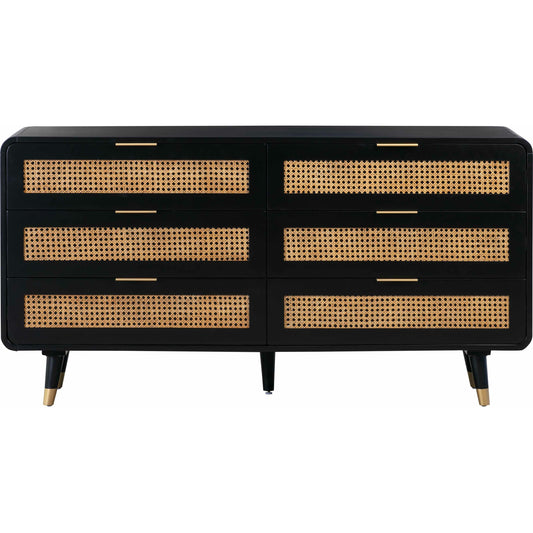 Christine 6 Drawer Dresser by TOV Furniture in black. Made from acacia, mdf, cane, metal in a coastal style.