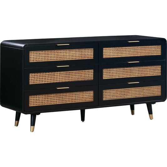 Christine 6 Drawer Dresser by TOV Furniture in black. Made from acacia, mdf, cane, metal in a coastal style.