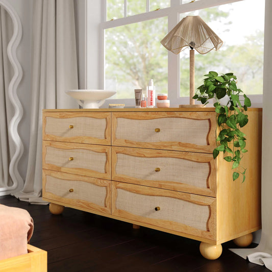 Grappa Natural Wood & Rattan Wavy Dresser by TOV Furniture in natural. Made from mdf, raffia, veneer, wood in a unique style.