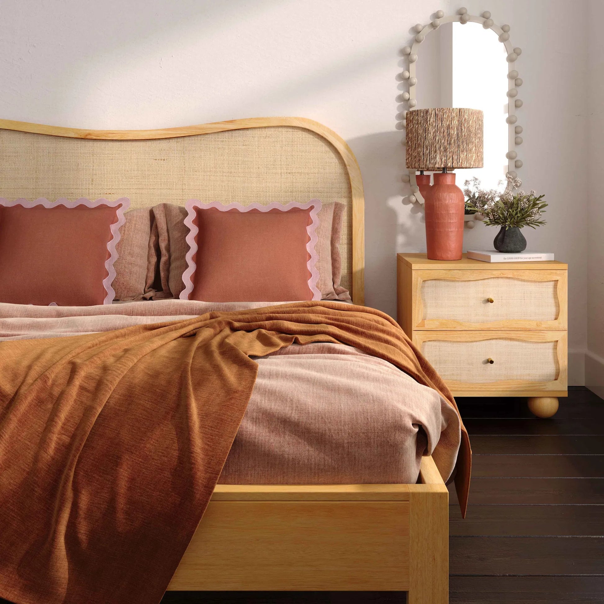 Grappa Natural Wood & Rattan Bed by TOV Furniture in natural. Made from mdf, raffia, veneer, wood in a transitional style.