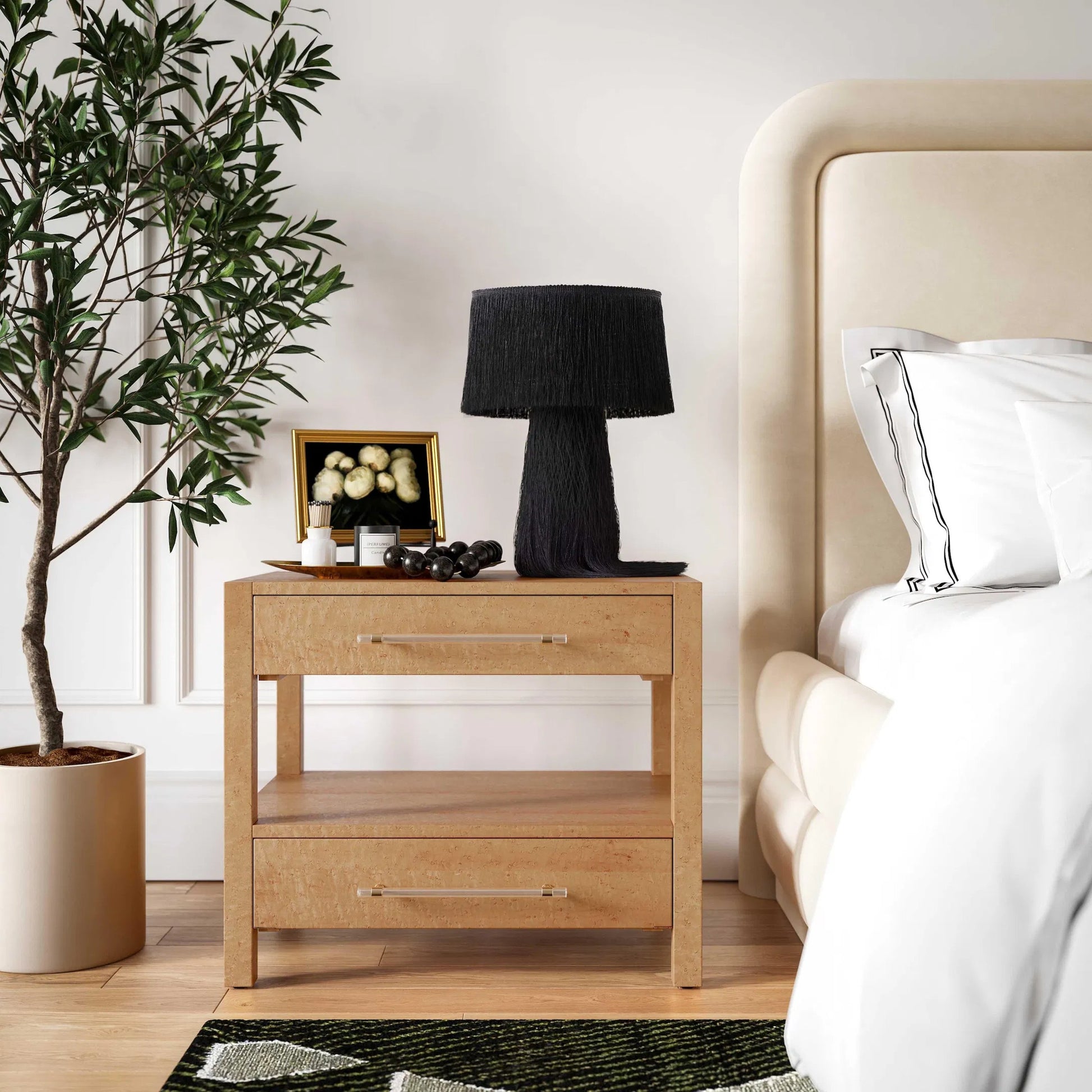 Brandyss Birdseye Maple 2-Drawer Nightstand by TOV Furniture in natural. Made from mdf, plywood, stainless steel, veneer, wood in a transitional style.