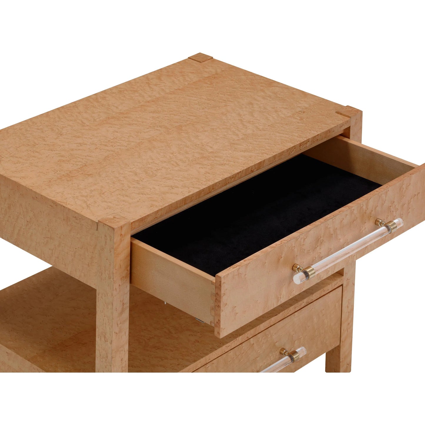 007 SI-2320829 | Closeup | Brandyss Birdseye Maple 2-Drawer Nightstand by TOV Furniture in natural. Made from mdf, plywood, stainless steel, veneer, wood in a transitional style.