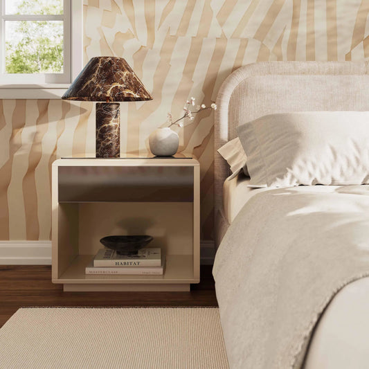 Martha Mirrored Nightstand by TOV Furniture in taupe. Made from glass, mdf in a unique style.