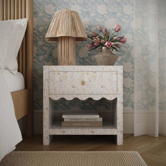 Piara Mother of Pearl Inlaid Nightstand by TOV Furniture in natural. Made from mdf, shell in a unique style.