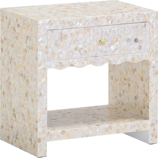 Piara Mother of Pearl Inlaid Nightstand by TOV Furniture in natural. Made from mdf, shell in a unique style.