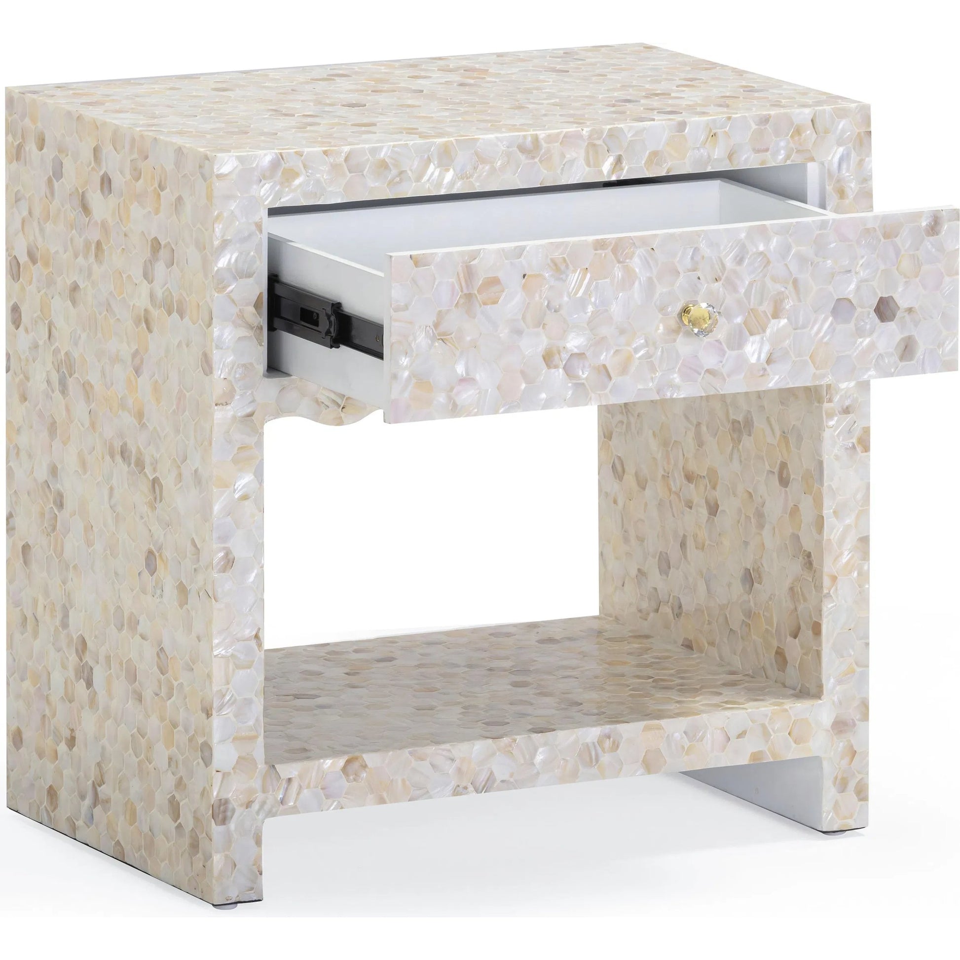 Piara Mother of Pearl Inlaid Nightstand by TOV Furniture in natural. Made from mdf, shell in a modern style.
