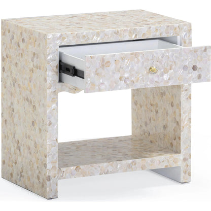 Piara Mother of Pearl Inlaid Nightstand by TOV Furniture in natural. Made from mdf, shell in a modern style.