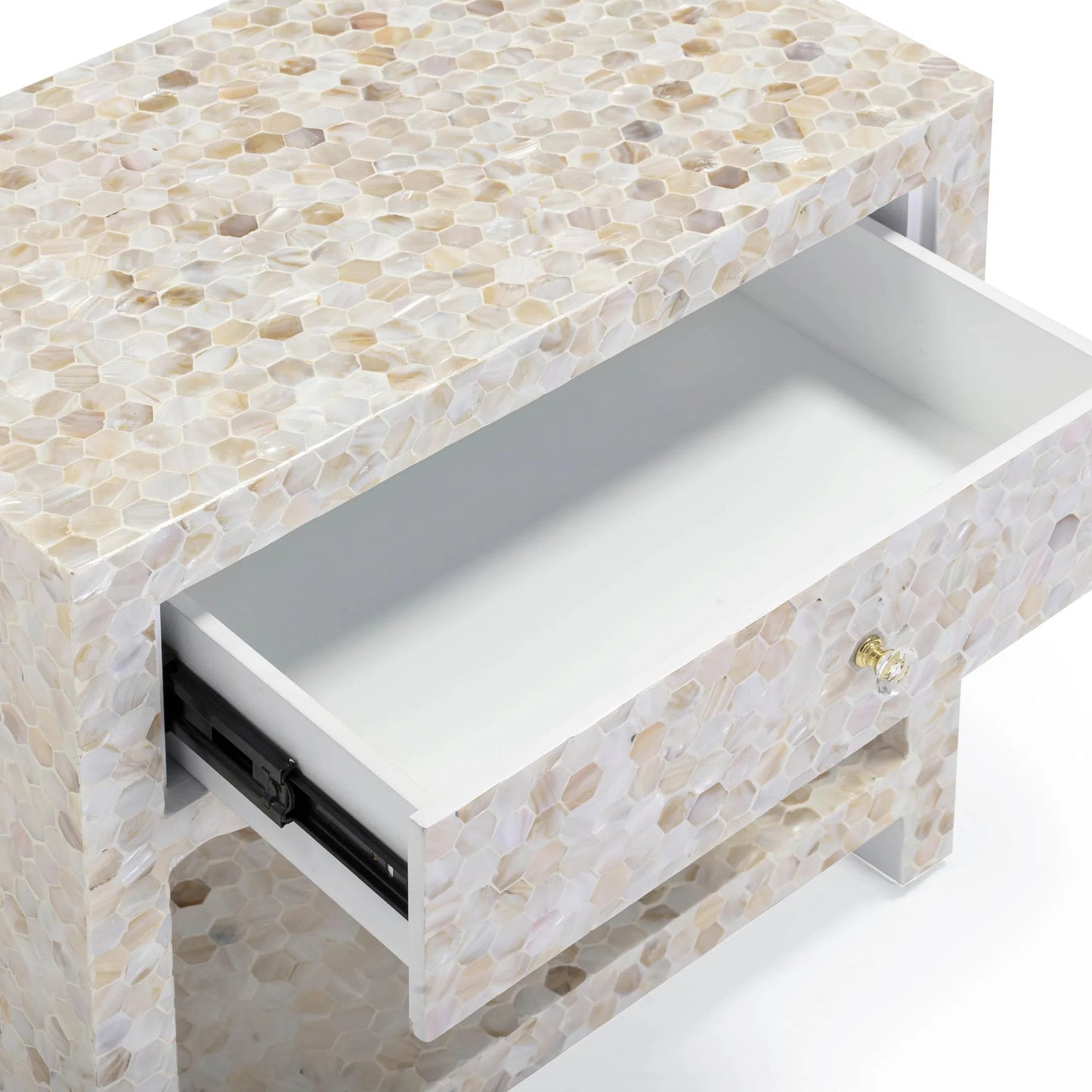 006 SI-2439979 | Closeup | Piara Mother of Pearl Inlaid Nightstand by TOV Furniture in natural. Made from mdf, shell in a modern style.