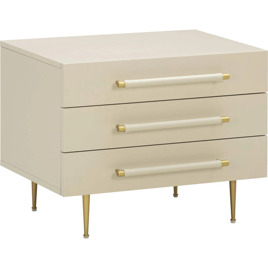 Trident Nightstand by TOV Furniture in taupe. Made from acacia, iron, mdf in a unique style.