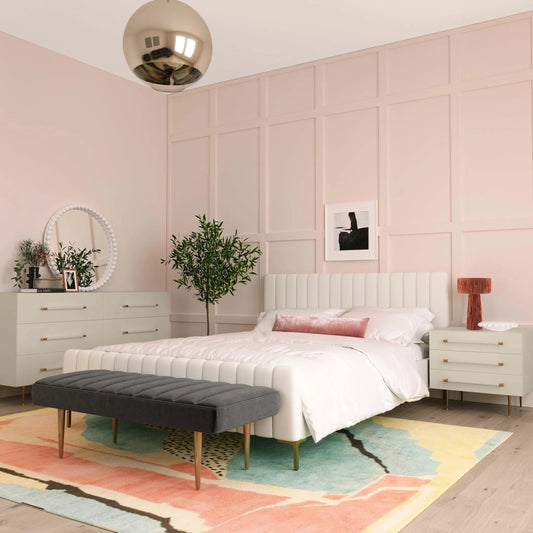 Trident 6 Drawer Dresser by TOV Furniture in taupe. Made from acacia, iron, mdf veneer in a unique style.