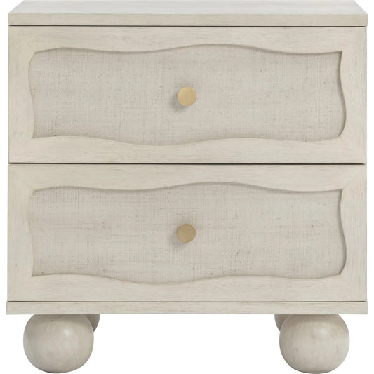 Grappa Whitewashed Wood & Raffia Wavy Nightstand by TOV Furniture in white. Made from mdf, raffia, wood in a unique style.