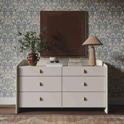 Collins 6-Drawer Dresser by TOV Furniture in cream. Made from acacia wood, mdf, metal, plywood in a unique style.