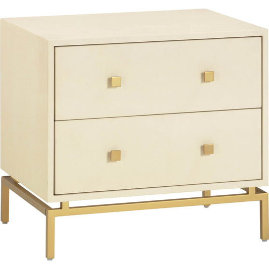 Pesce Shagreen 2 Drawer Nightstand by TOV Furniture in cream. Made from fabric, mdf, metal in a transitional style.