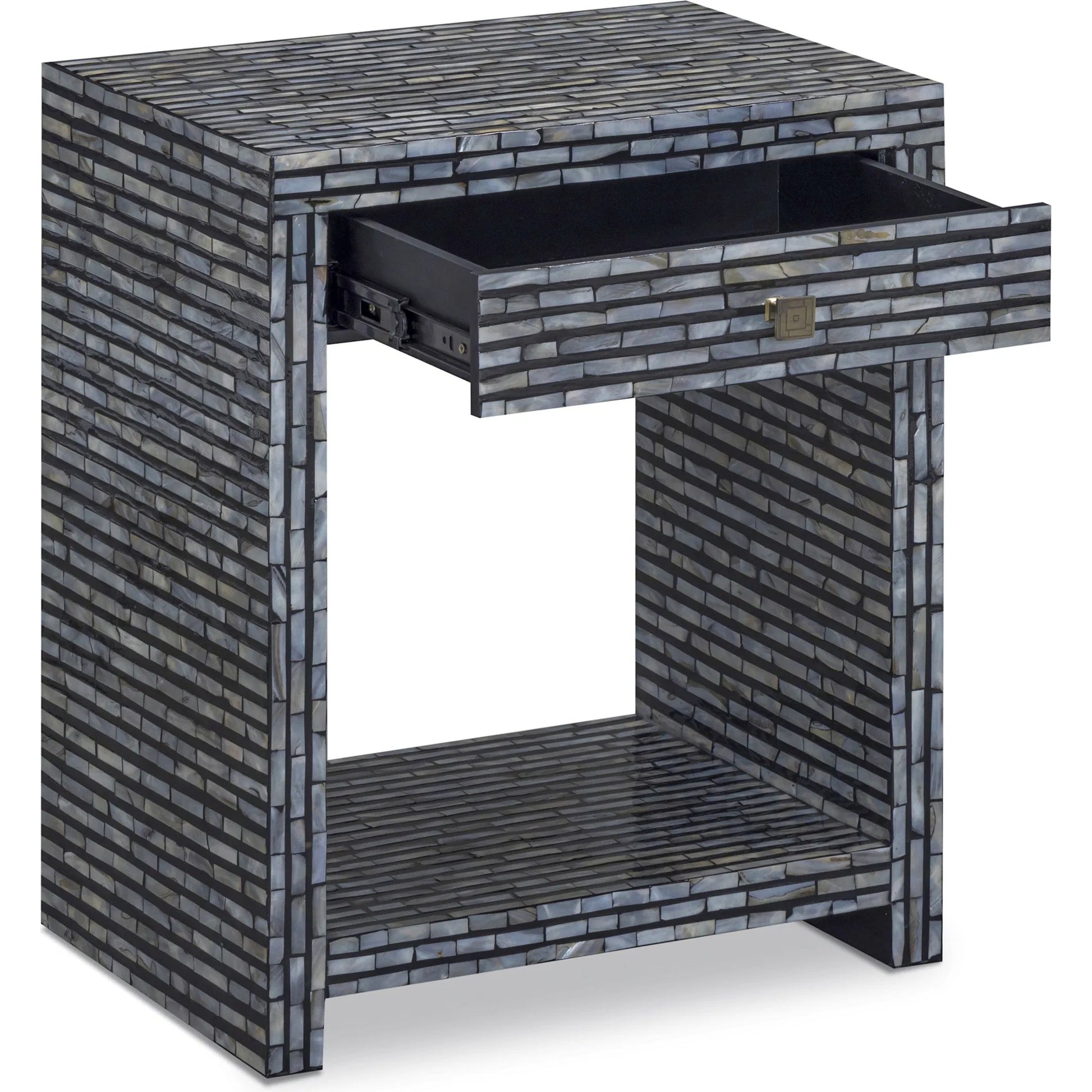 Cassis Mother of Pearl Nightstand by TOV Furniture in black. Made from mdf, shell in a eclectic & global style.