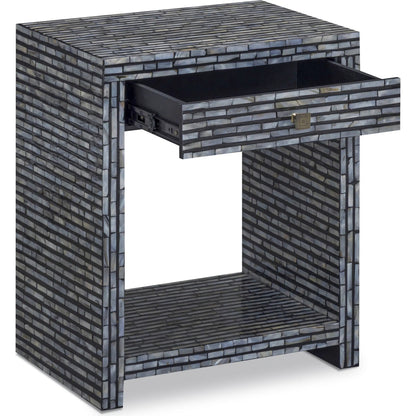 Cassis Mother of Pearl Nightstand by TOV Furniture in black. Made from mdf, shell in a eclectic & global style.
