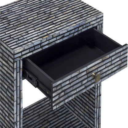 Cassis Mother of Pearl Nightstand by TOV Furniture in black. Made from mdf, shell in a eclectic & global style.