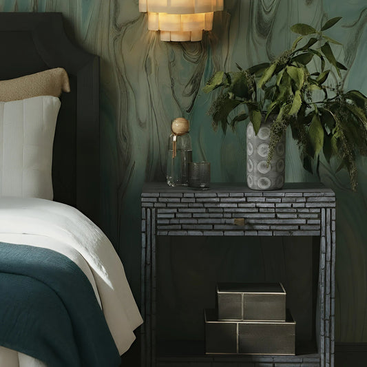 Cassis Mother of Pearl Nightstand by TOV Furniture in black. Made from mdf, shell in a eclectic & global style.