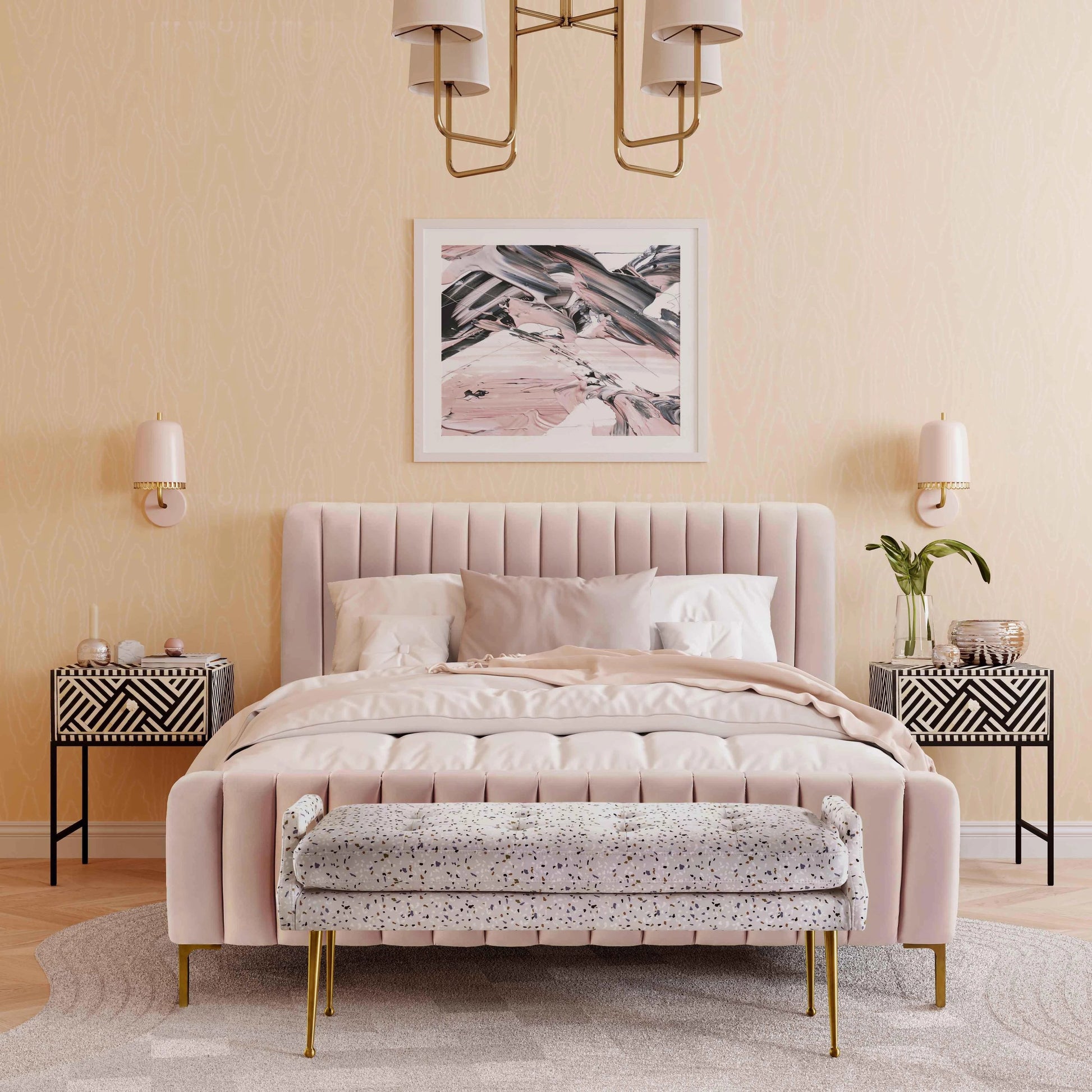 Angela Bed by TOV Furniture. Made from velvet in a transitional style.