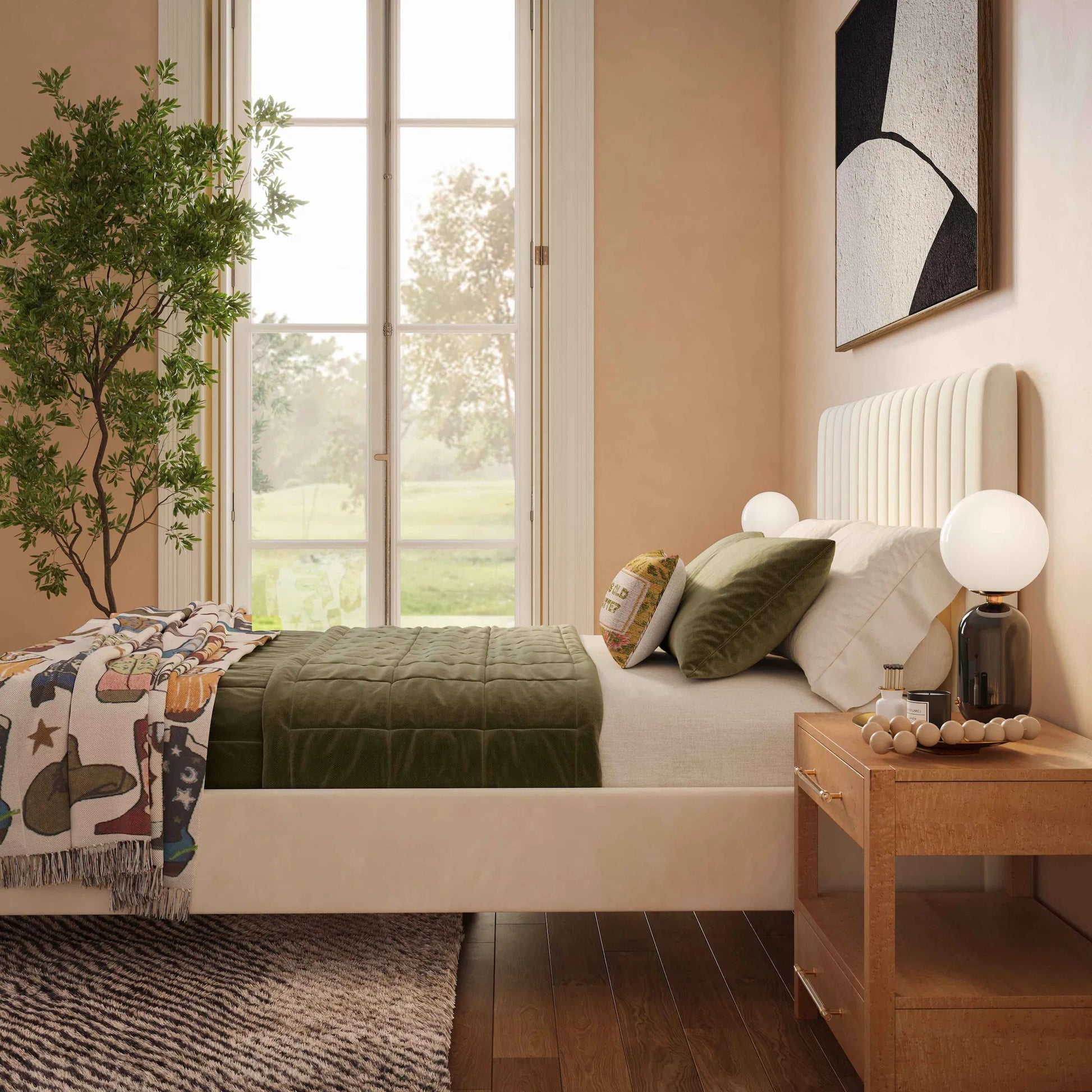 Angela Bed by TOV Furniture. Made from velvet in a transitional style.