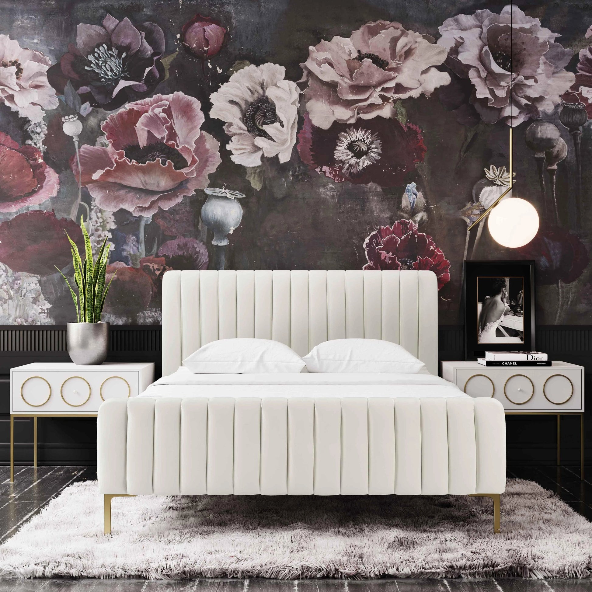 Angela Bed by TOV Furniture. Made from velvet in a transitional style.