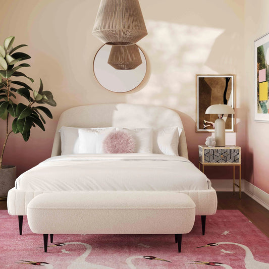 Denise Boucle Bed by TOV Furniture in cream. Made from boucle, iron, wood in a modern style.