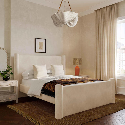 Athara Velvet Bed by TOV Furniture in cream. Made from mdf, pine, velvet in a transitional style.