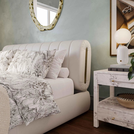 Karol Vegan Leather Bed by TOV Furniture in cream. Made from mdf, pu leather, pine in a unique style.