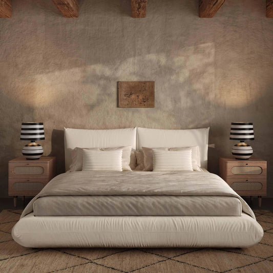 Romp 100% Recycled Linen Bed by TOV Furniture in cream. Made from mdf, pine, recycled fabric in a unique style.