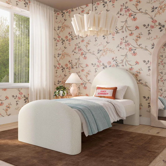 Moon Boucle Bed by TOV Furniture in cream. Made from boucle, mdf, plywood in a transitional style.