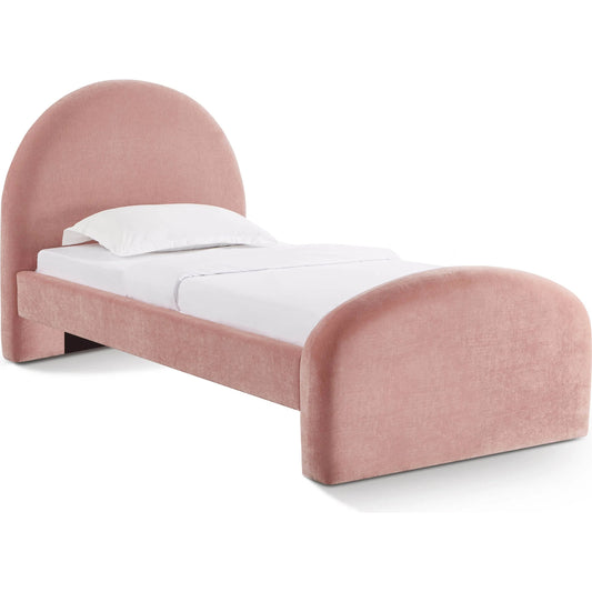 Moon Upcycled Chenille Bed by TOV Furniture in rose. Made from mdf, plywood, recycled fabric in a unique style.