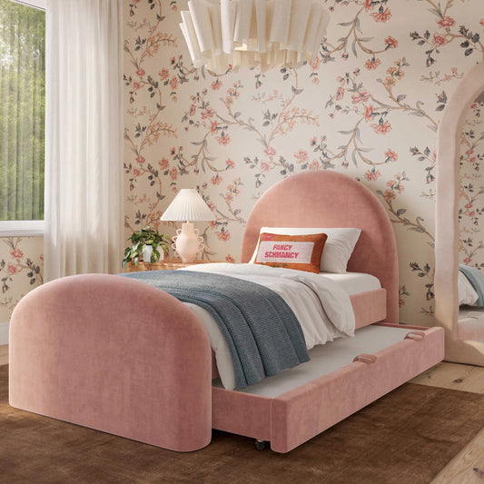 Moon Upcycled Chenille Trundle Bed by TOV Furniture in rose. Made from mdf, plywood, recycled fabric in a eclectic & global style.