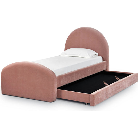 Moon Upcycled Chenille Trundle Bed by TOV Furniture in rose. Made from mdf, plywood, recycled fabric in a unique style.