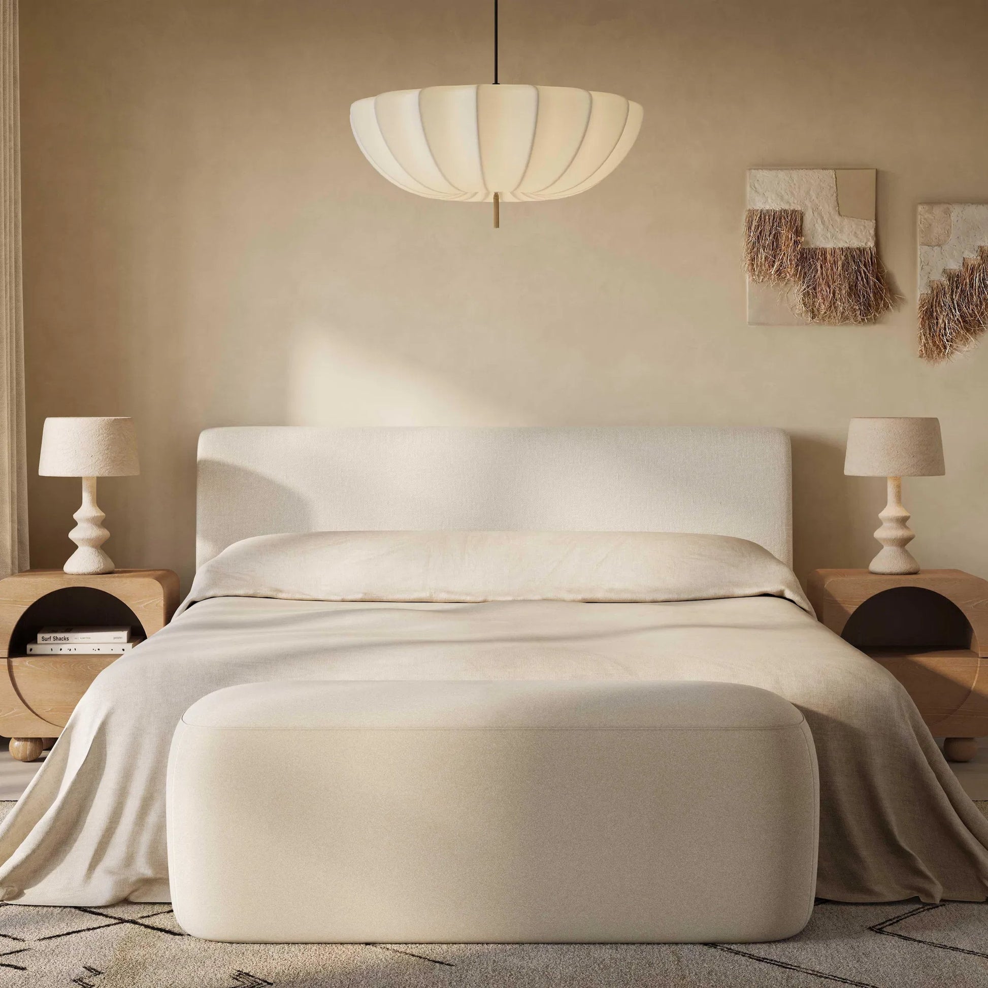 Isla Upcycled Linen Bed by TOV Furniture in cream. Made from mdf, recycled fabric in a unique style.