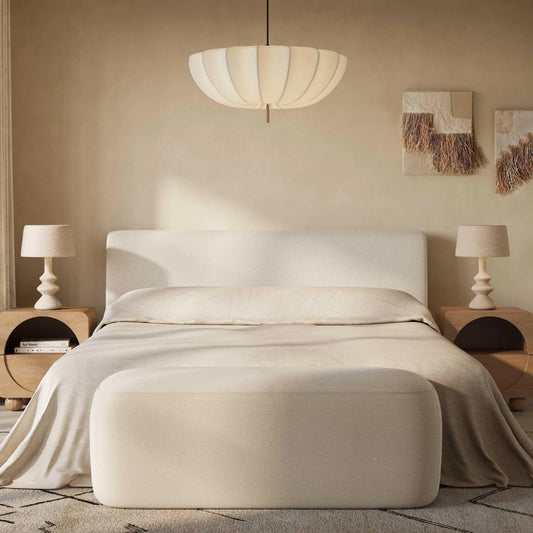 Isla Upcycled Linen Bed by TOV Furniture in cream. Made from mdf, recycled fabric in a unique style.