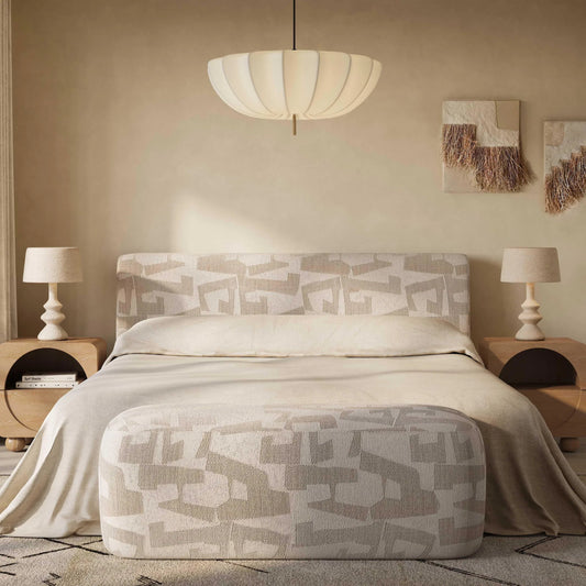 Isla Jacquard Pattern Bed by TOV Furniture in cream. Made from fabric, mdf in a unique style.
