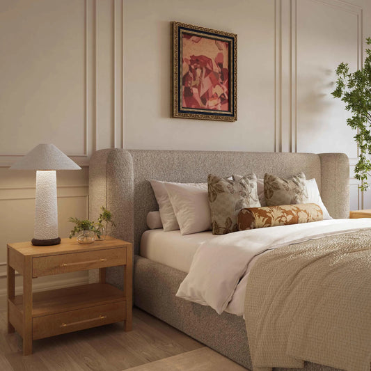 Babette Boucle Bed by TOV Furniture in tan. Made from boucle, plywood, wood in a unique style.