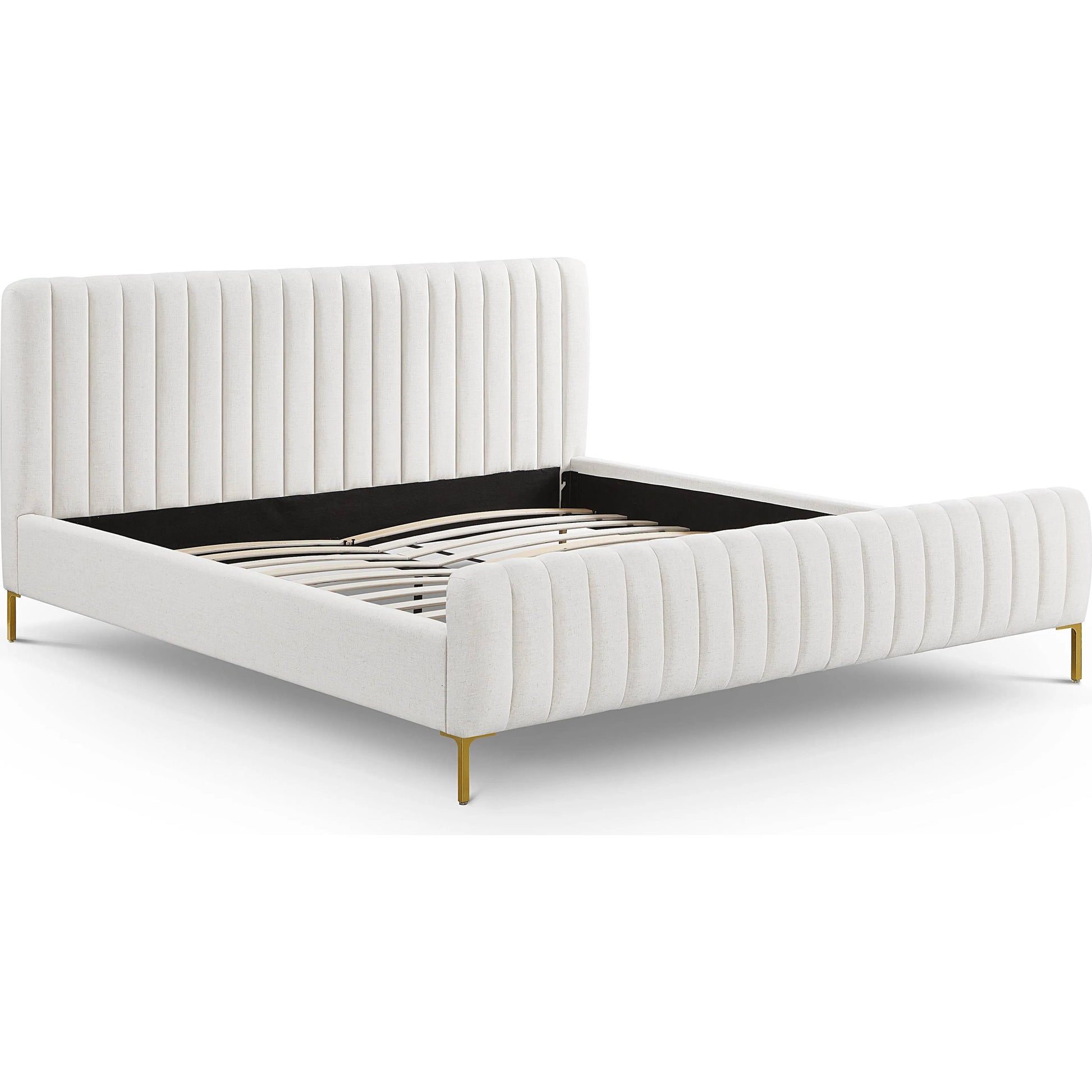 Angela Upcycled Linen Bed by TOV Furniture. Made from mdf, recycled fabric, stainless steel in a transitional style.