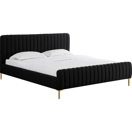 Angela Upcycled Linen Bed by TOV Furniture. Made from mdf, recycled fabric, stainless steel in a unique style.