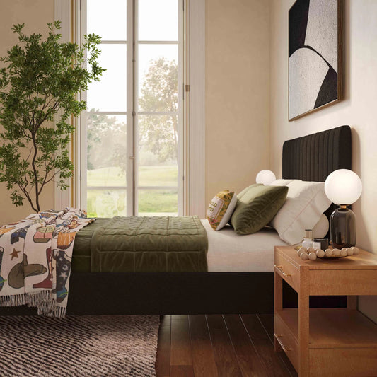Angela Upcycled Linen Bed by TOV Furniture. Made from mdf, recycled fabric, stainless steel in a unique style.