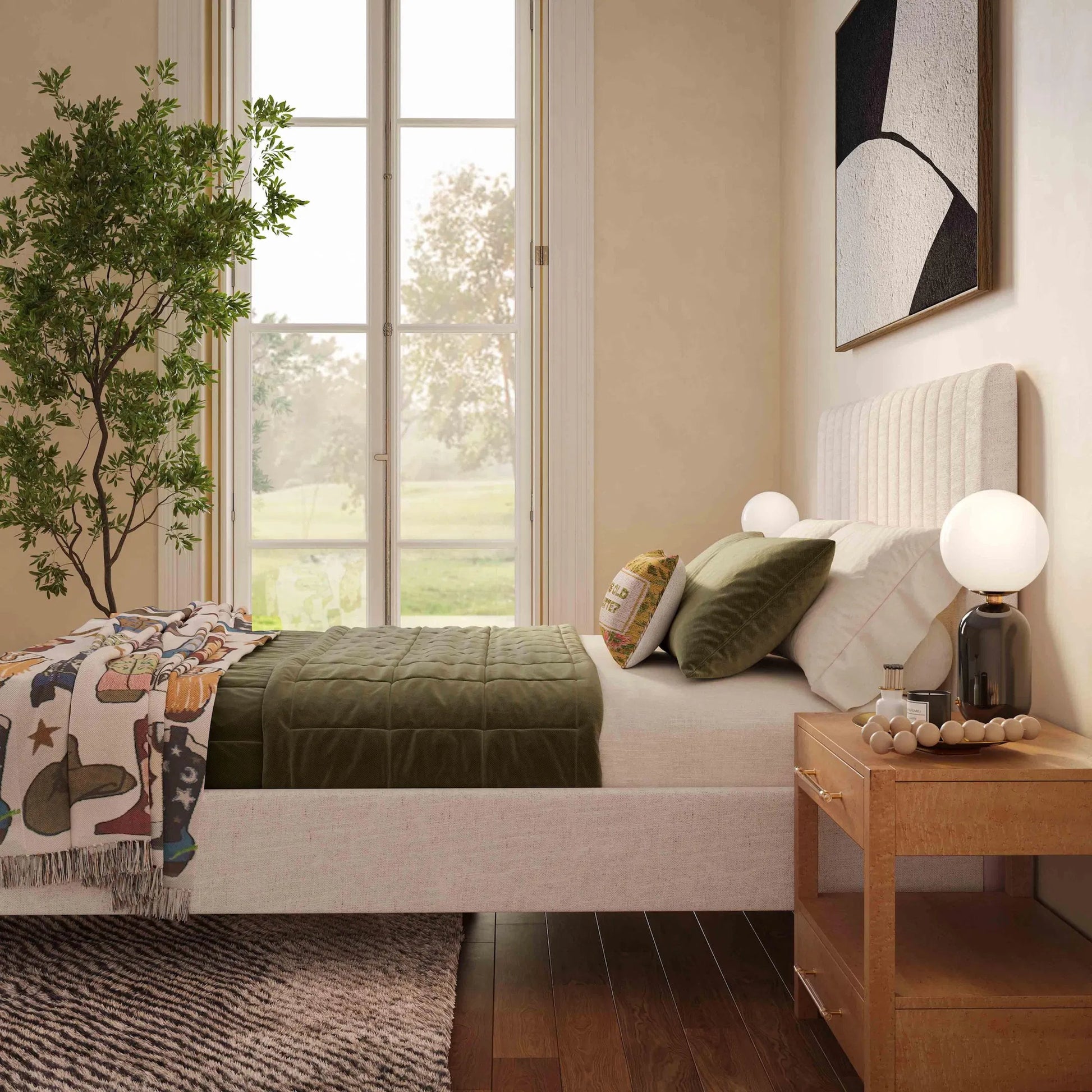 Angela Upcycled Linen Bed by TOV Furniture. Made from mdf, recycled fabric, stainless steel in a transitional style.